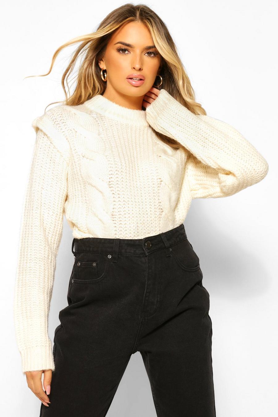 Cream Cable Knit Shoulder Pad Sweater image number 1