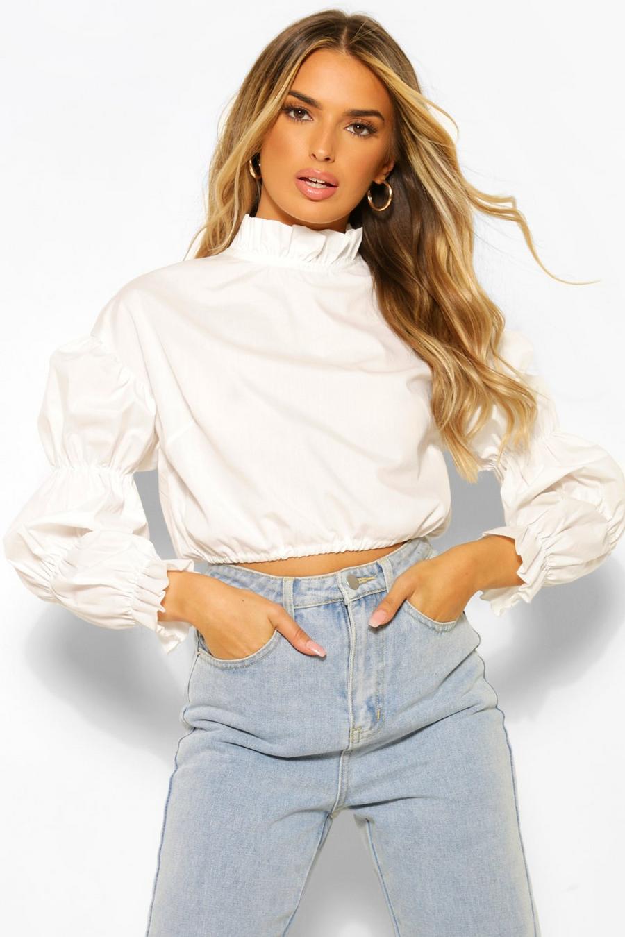White Cotton Poplin High Neck Puff Sleeve Blouse image number 1