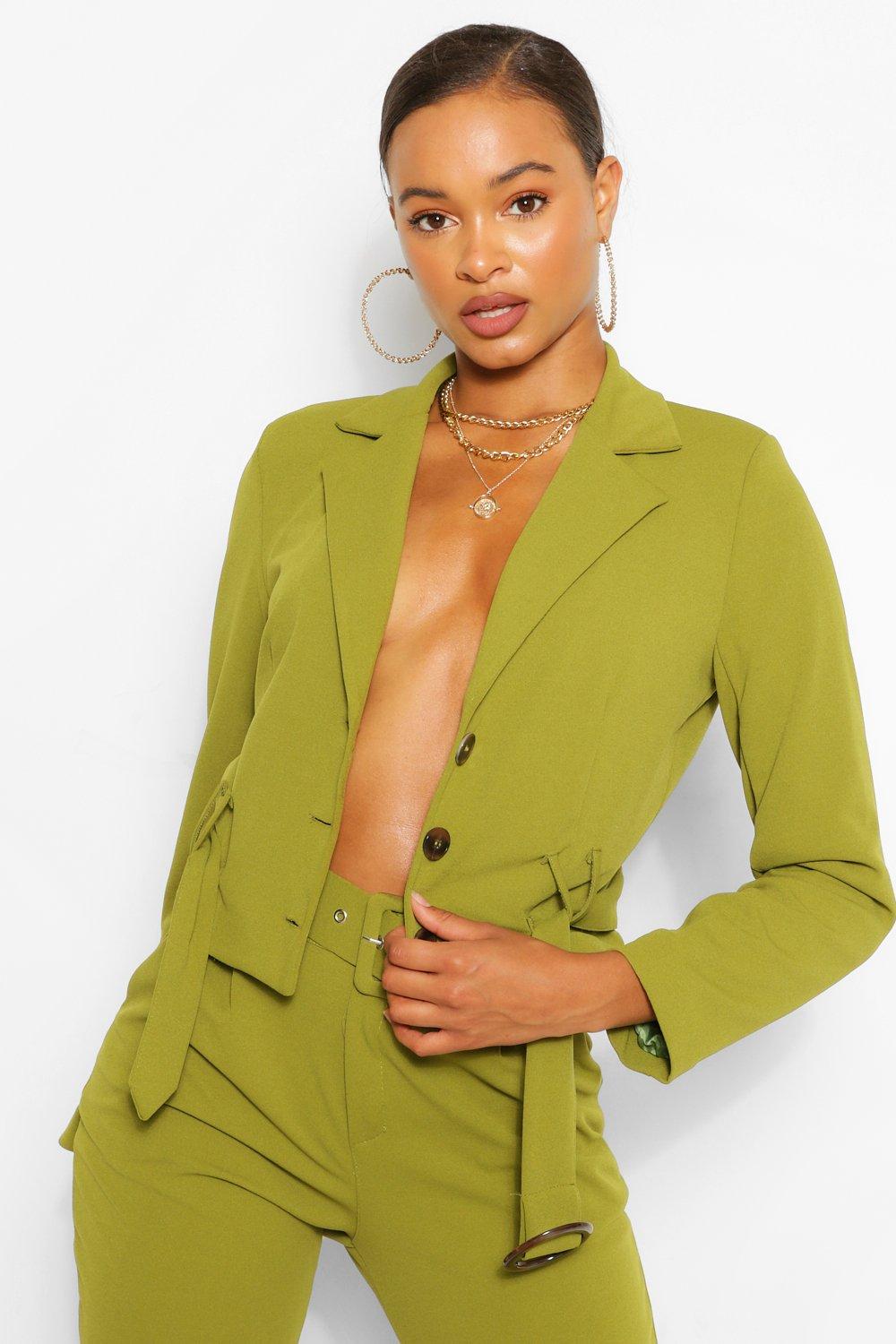 Crop Mock Horn Buckle Belted Blazer