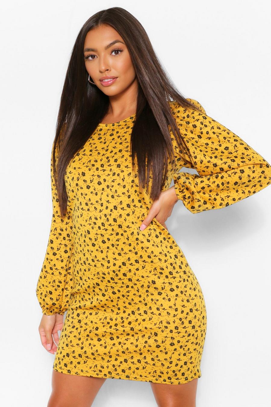 Mustard Floral Puff Long Sleeve Shift Dress image number 1