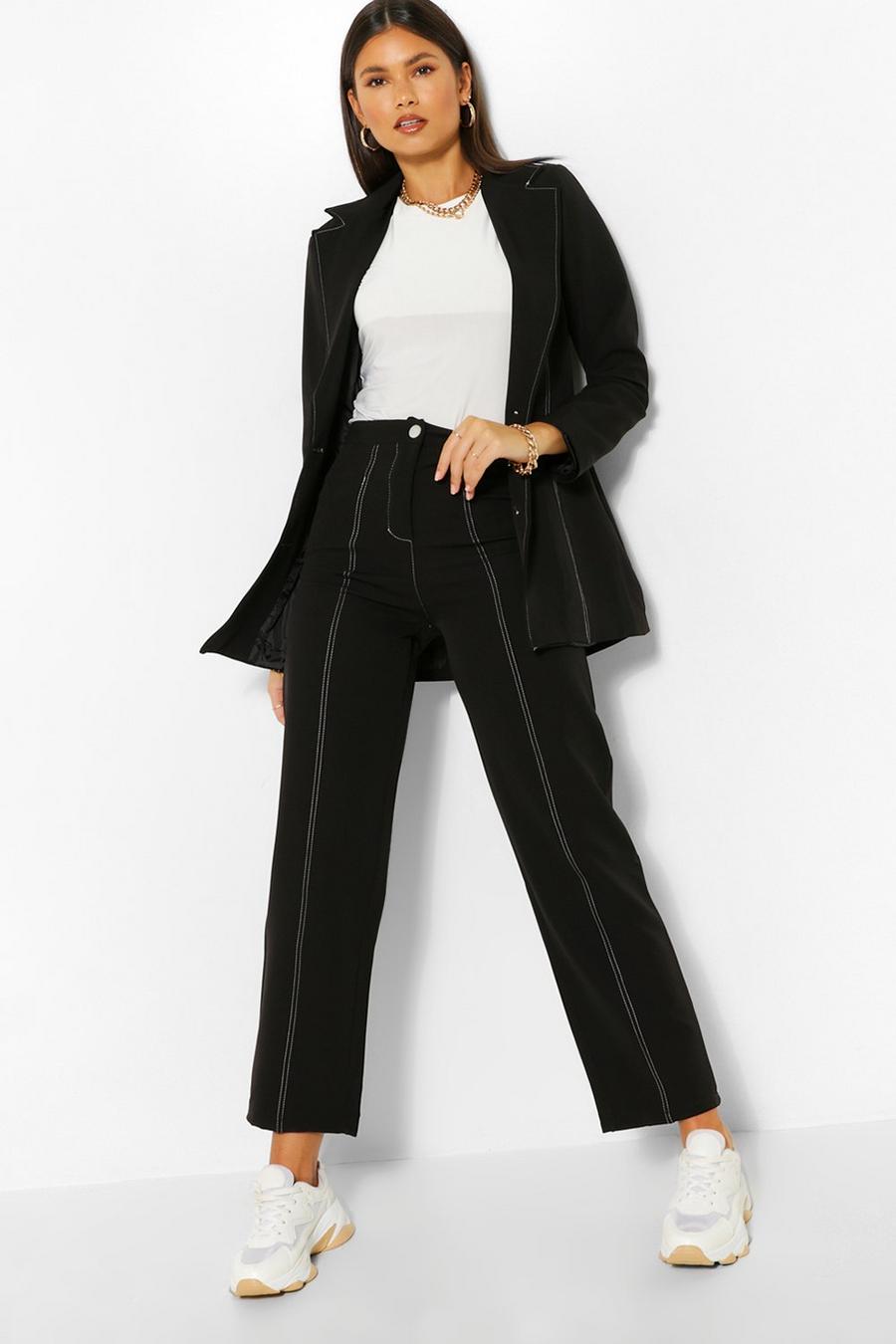 Black Tailored Contrast Seam Straight Pants image number 1