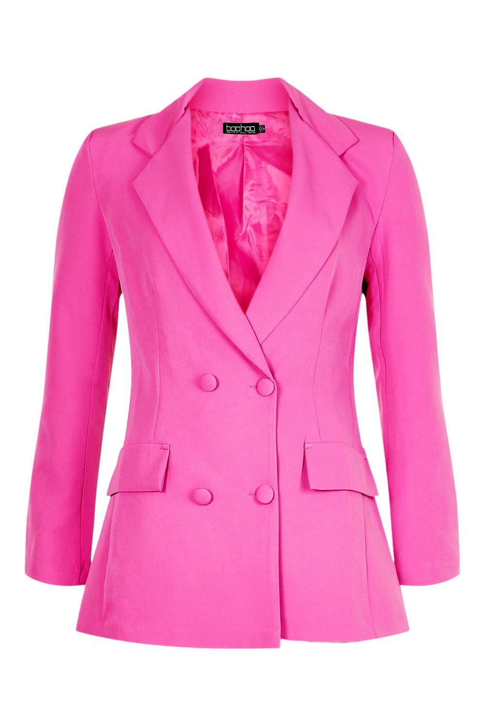 Bright Pink Woven Pocket Detail Double Breasted Blazer