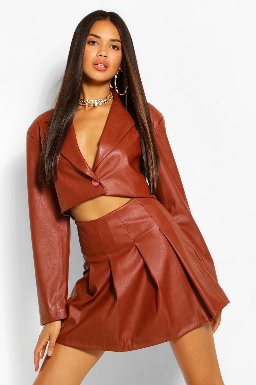 Chocolate Faux Leather Crop Blazer image number 1