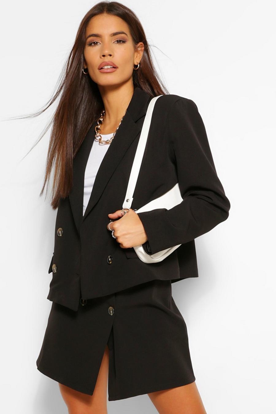 Black Woven Mock Horn Button Boxy Blazer image number 1