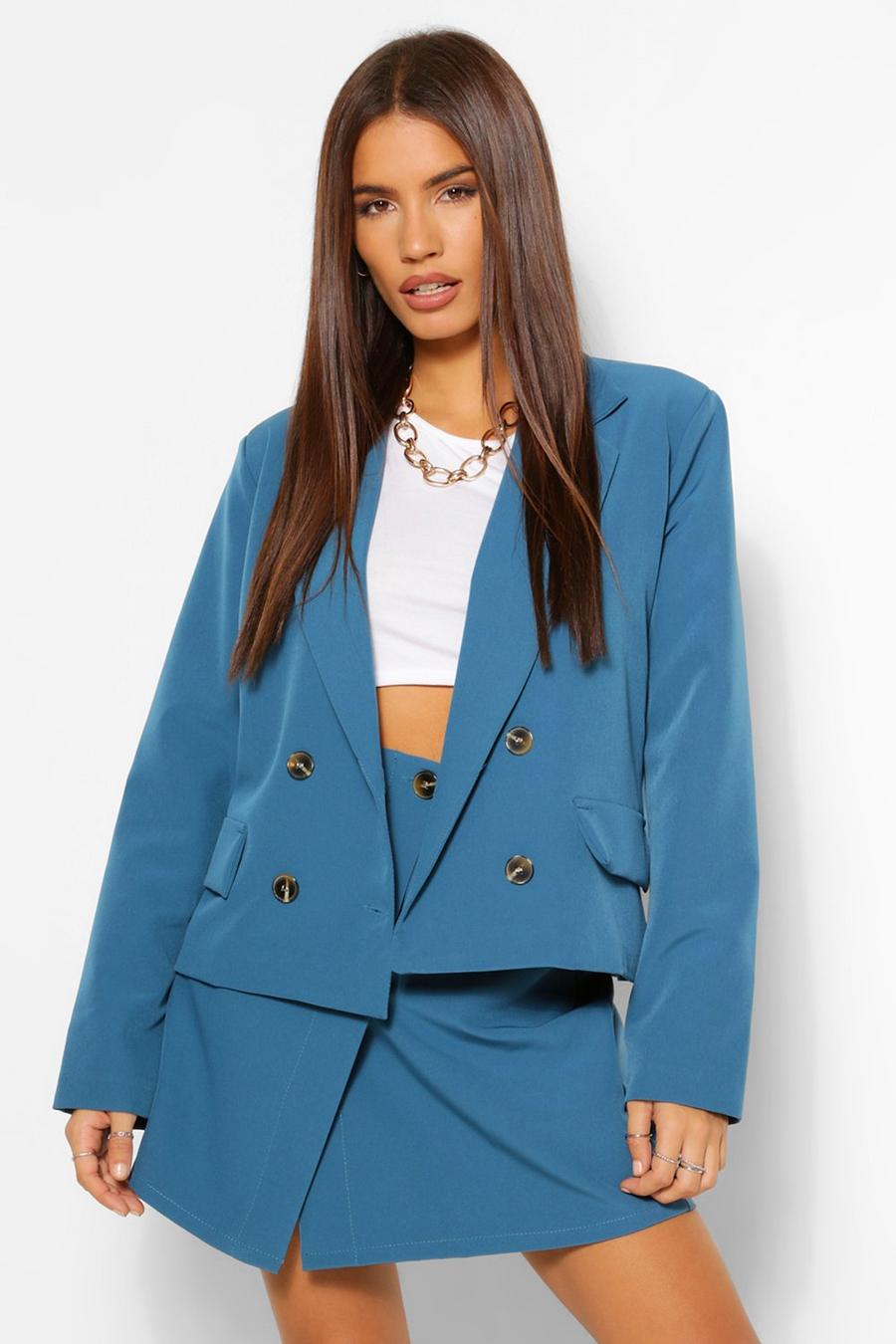 Teal Woven Mock Horn Button Boxy Blazer image number 1