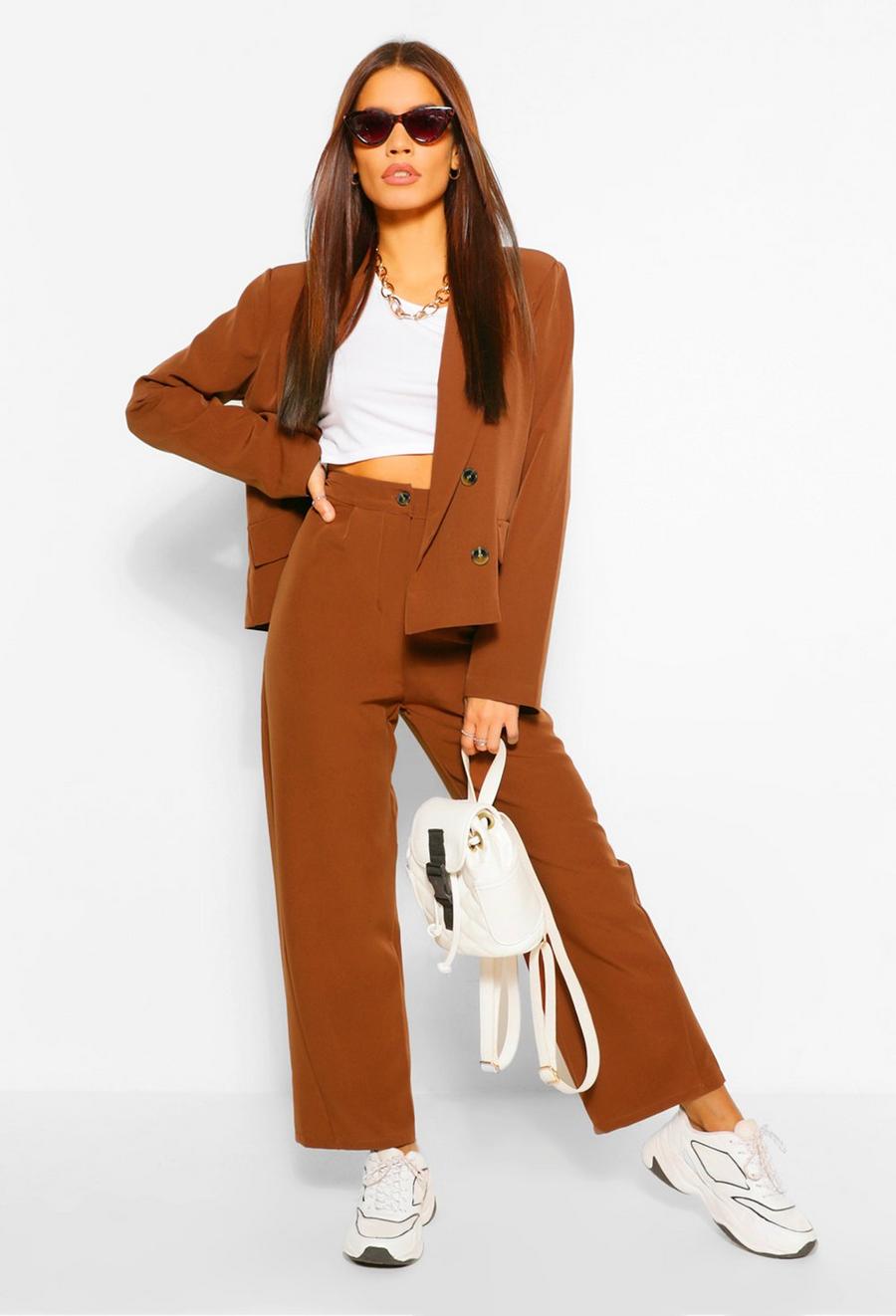 Chocolate Tailored Mock Horn Button Straight Trousers image number 1