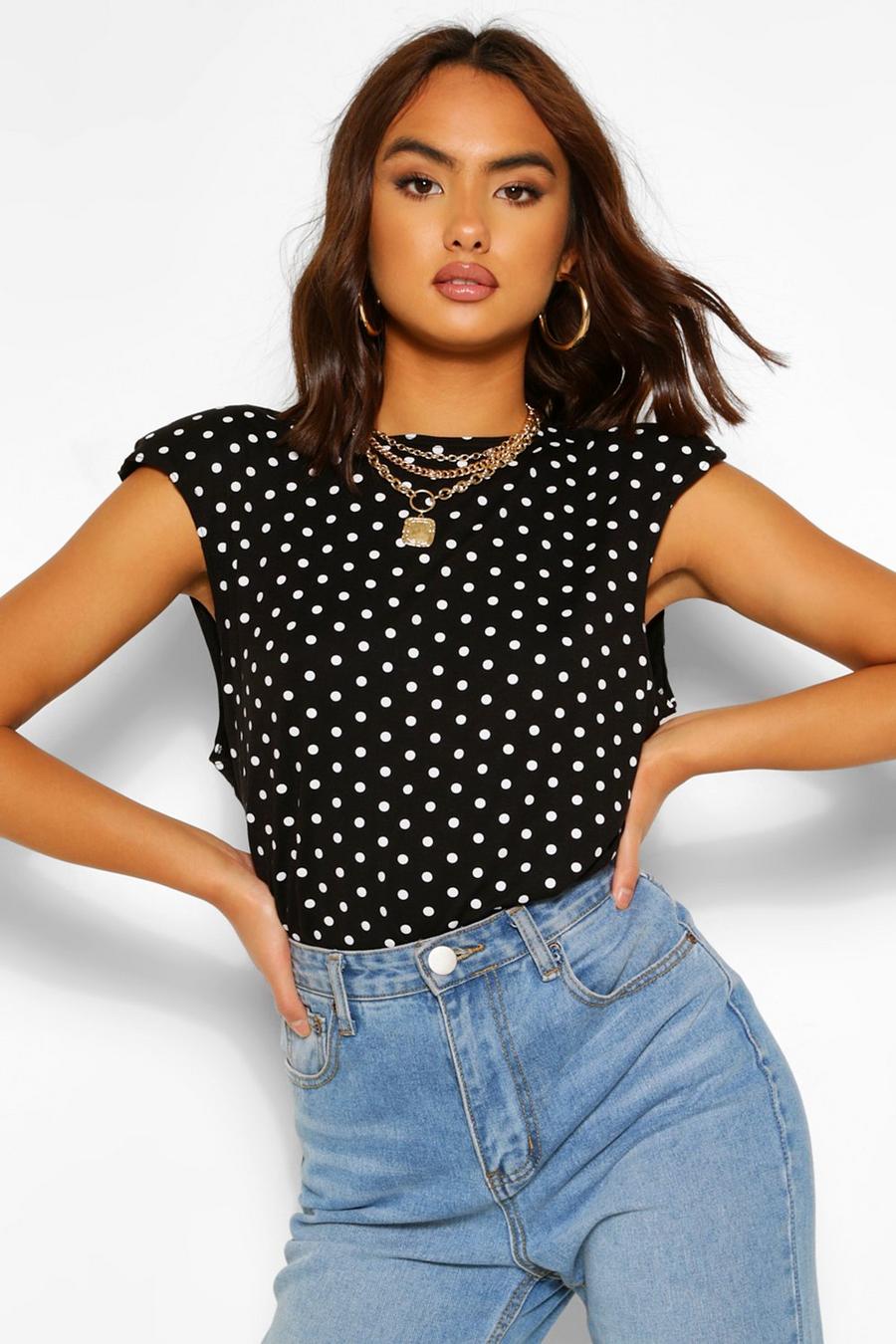 Black Polka Dot Sleeveless Shoulder Pad T-Shirt image number 1