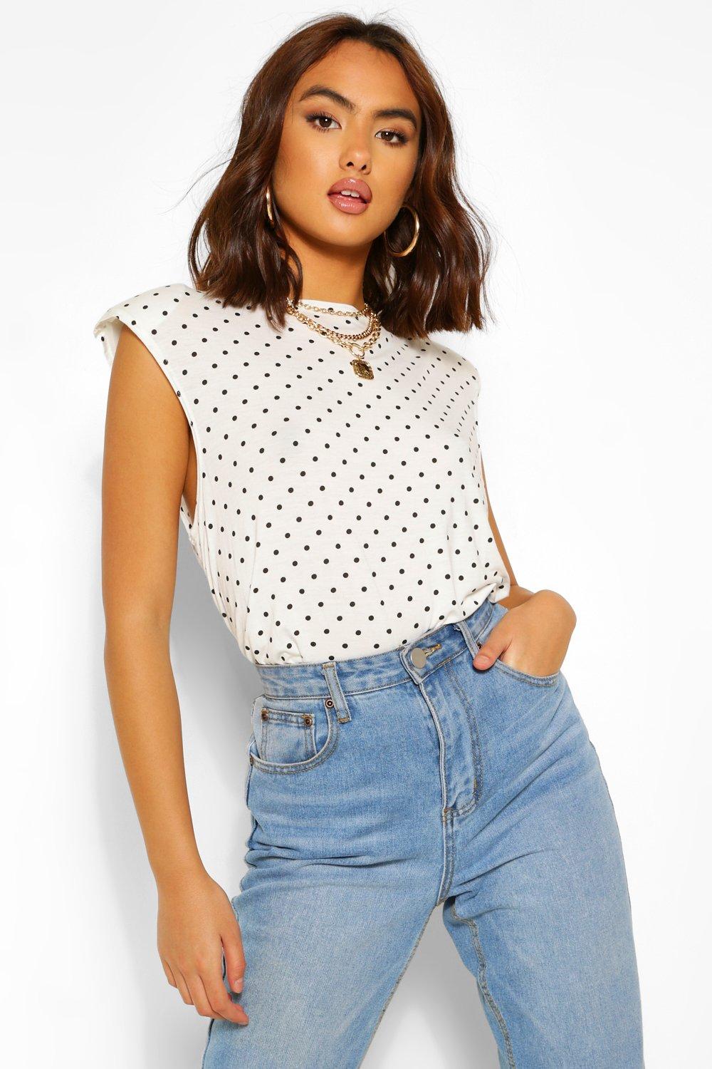 Black Polka Dot Sleeveless Shoulder Pad T Shirt boohoo UK