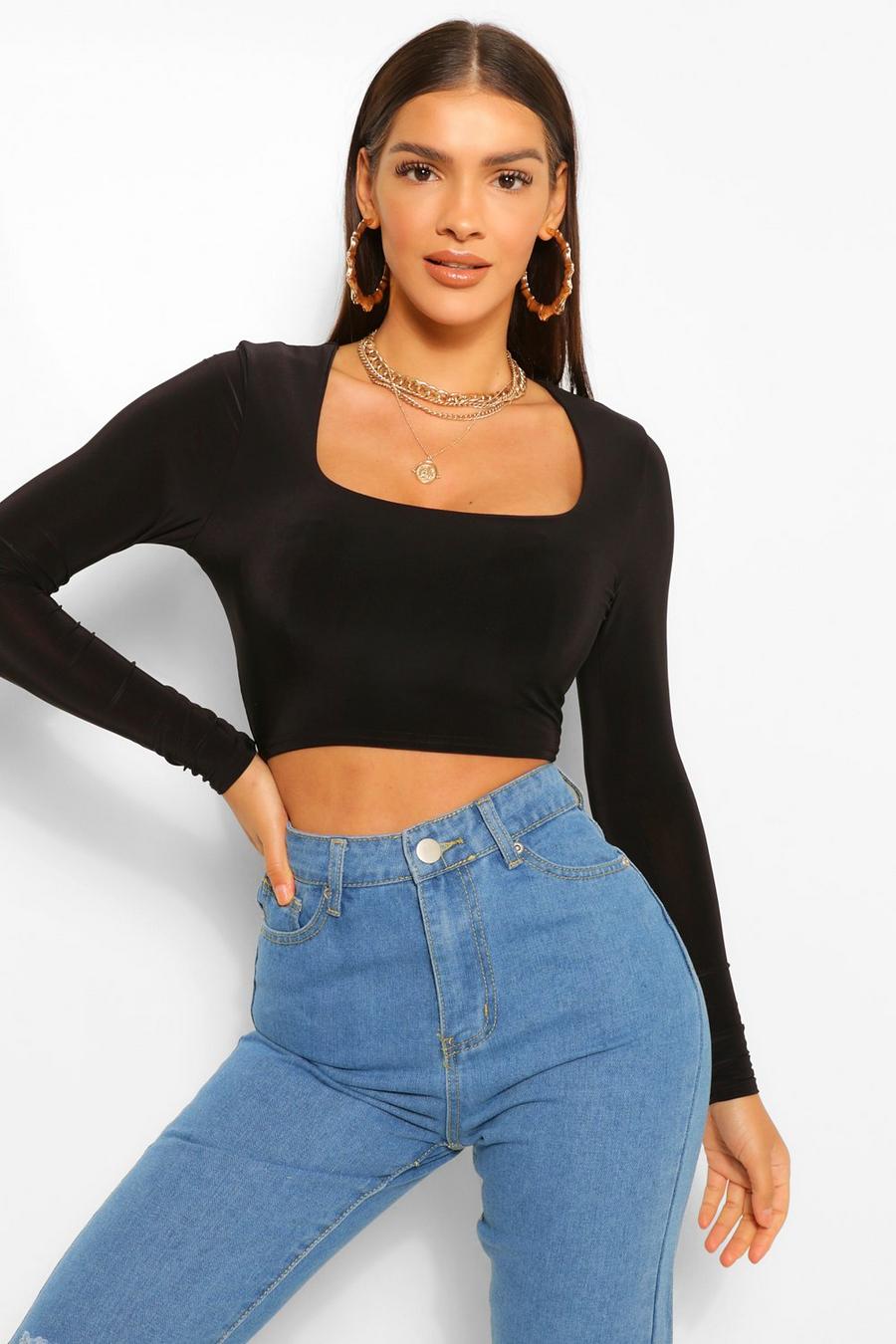 Black Double layer long sleeve crop top image number 1