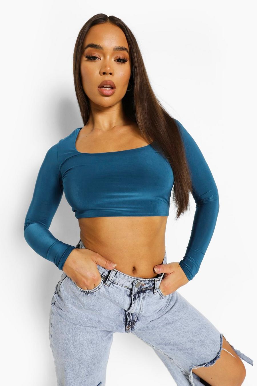 Teal Double layer long sleeve crop top image number 1