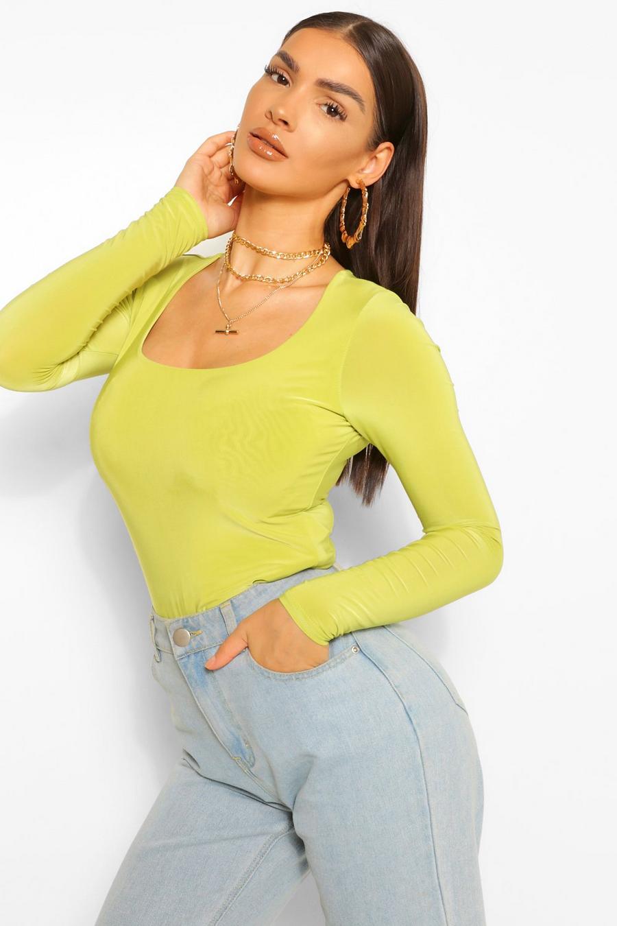 Chartreuse Double layer scoop neck bodysuit image number 1