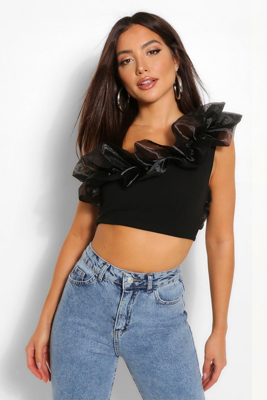 Black Organza ruffle one shoulder crop top image number 1