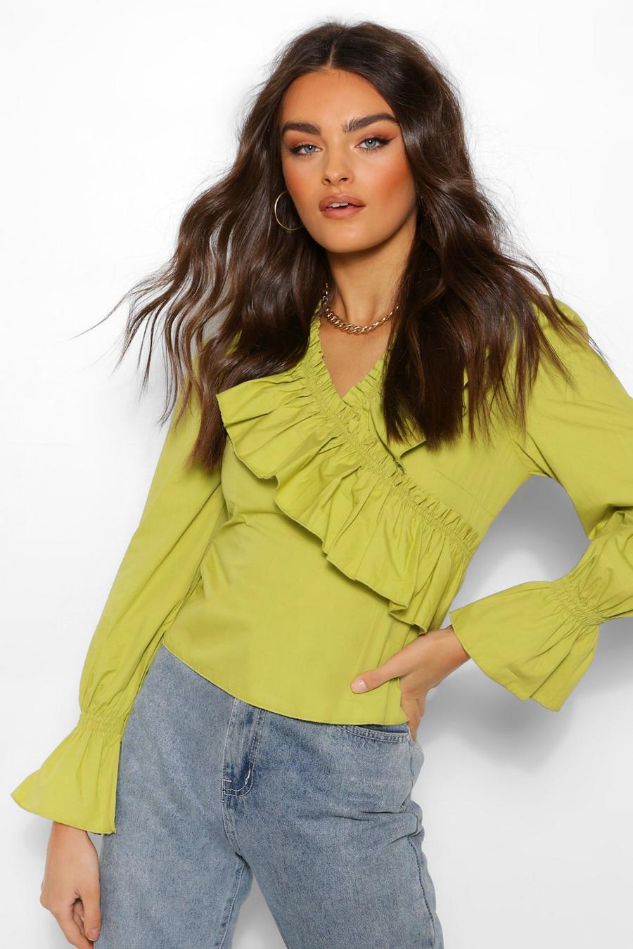 Chartreuse Woven ruffle wrap top image number 1