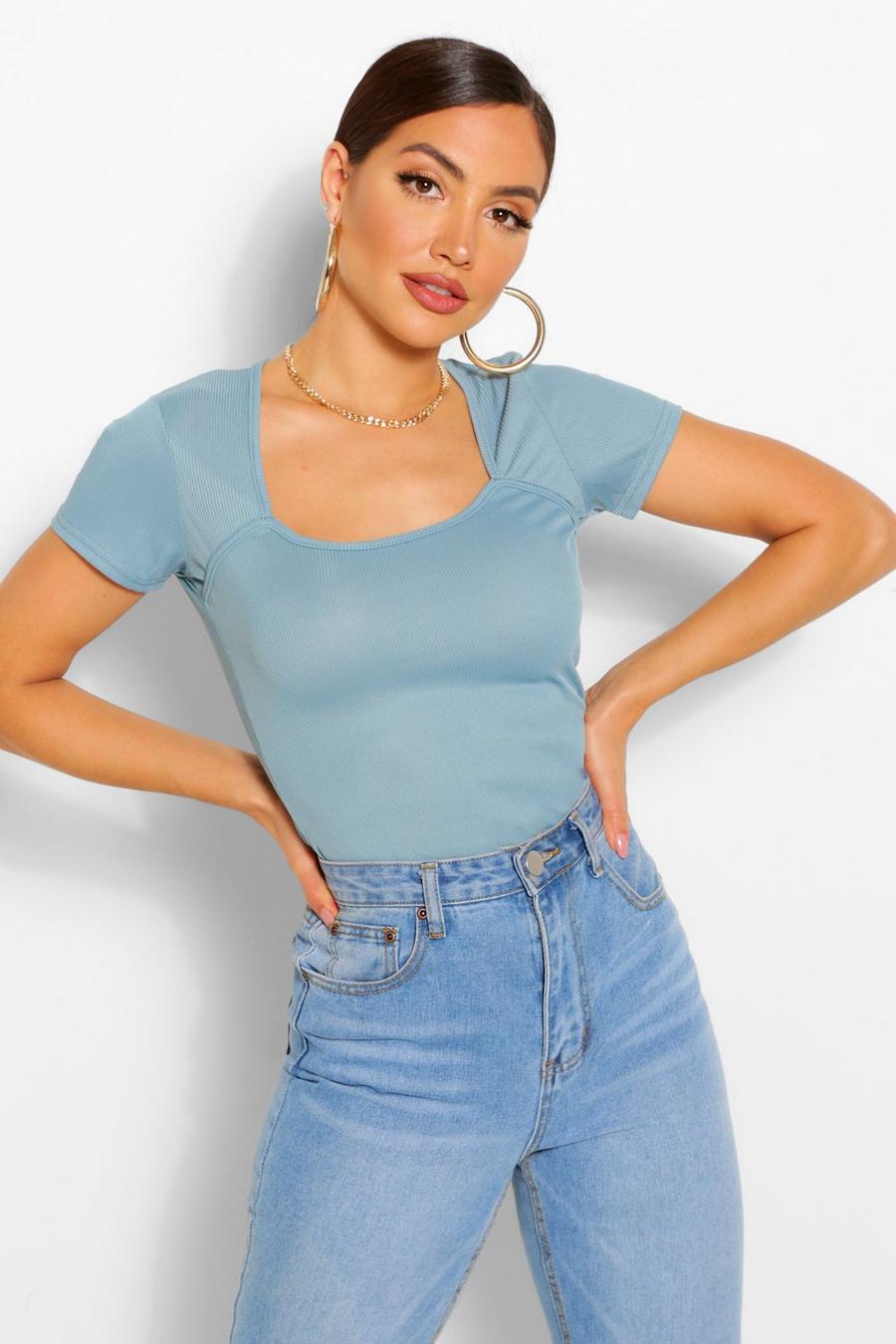 Blue Rib square neck cap sleeve bodysuit image number 1