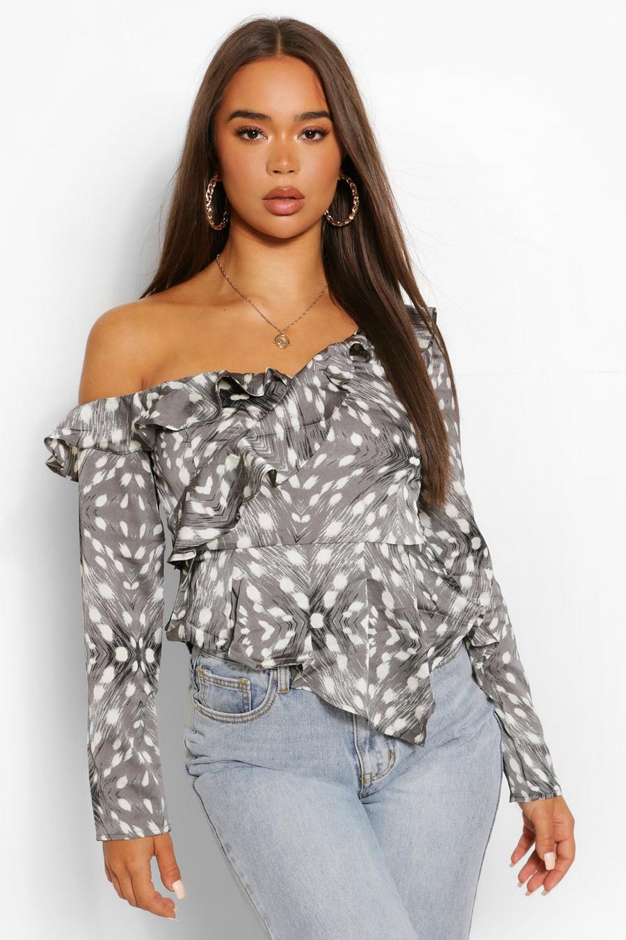 Black Woven printed ruffle off the shoulder top image number 1