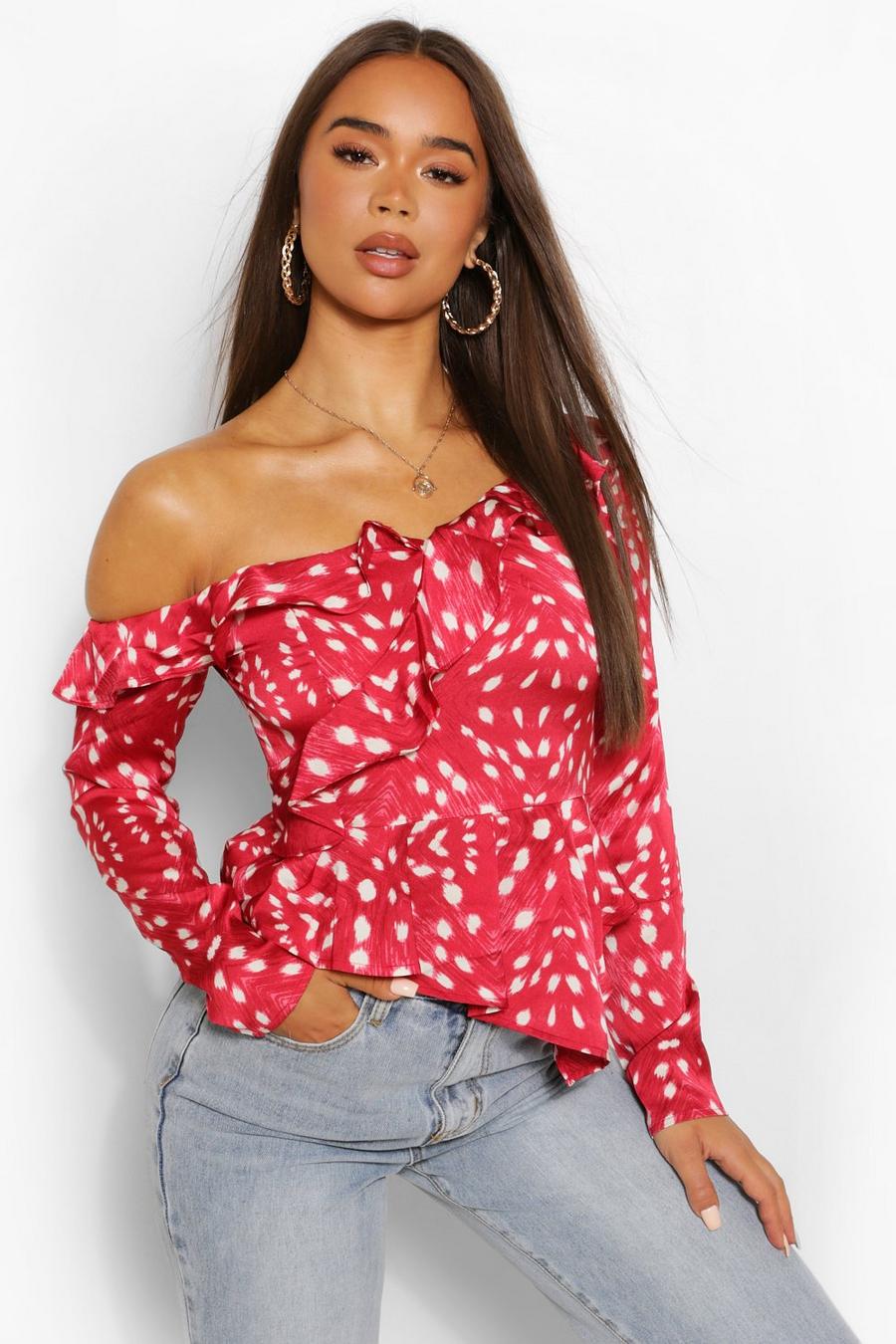 Red Woven printed ruffle off the shoulder top image number 1
