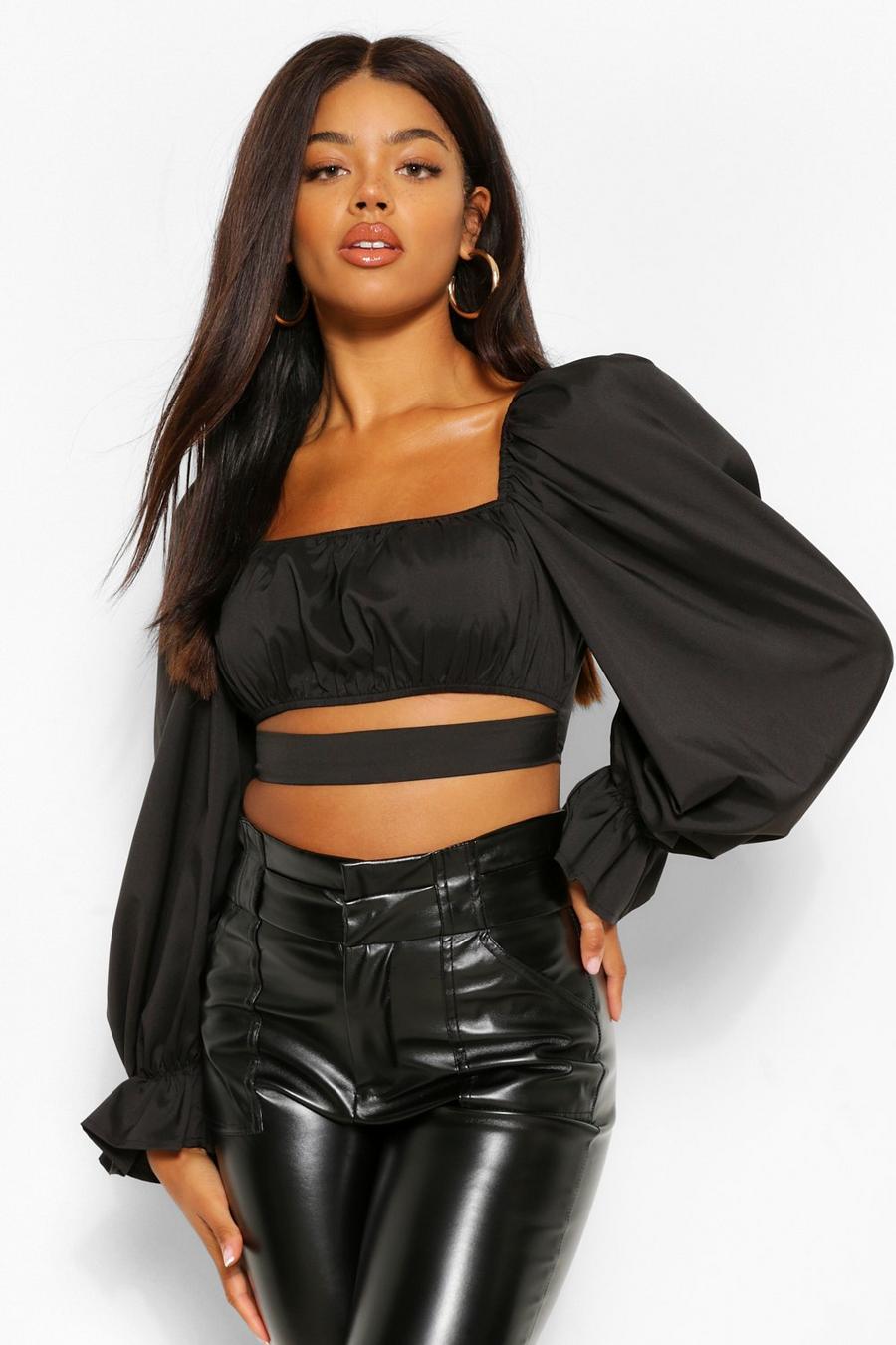 Black Woven square neck cut out crop top image number 1
