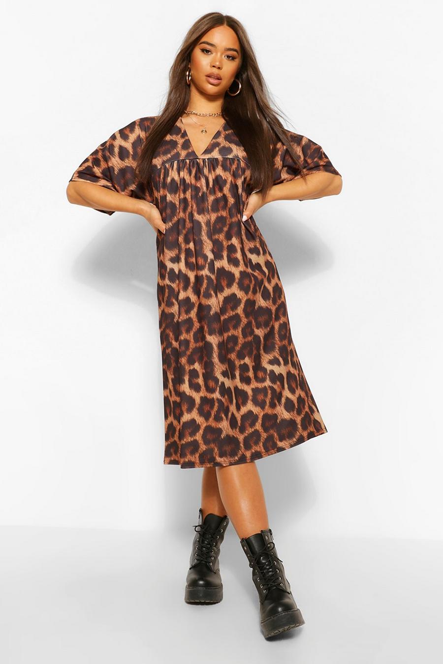 Brown Leopard Print Gathered V Neck Midi Dress image number 1