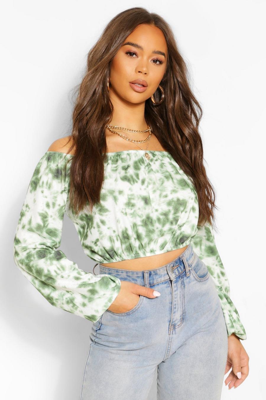 Green Tie Dye Rib Off The Shoulder Top image number 1