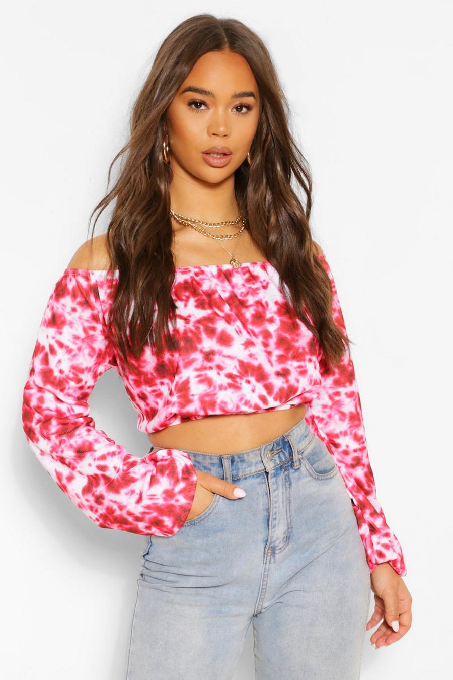 Red Tie Dye Rib Off The Shoulder Top image number 1