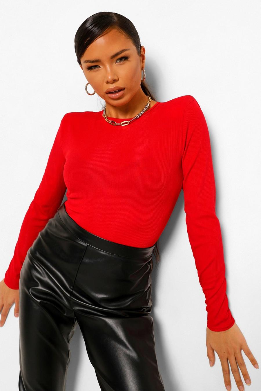 Red Rib Top With Shoulder Pads image number 1