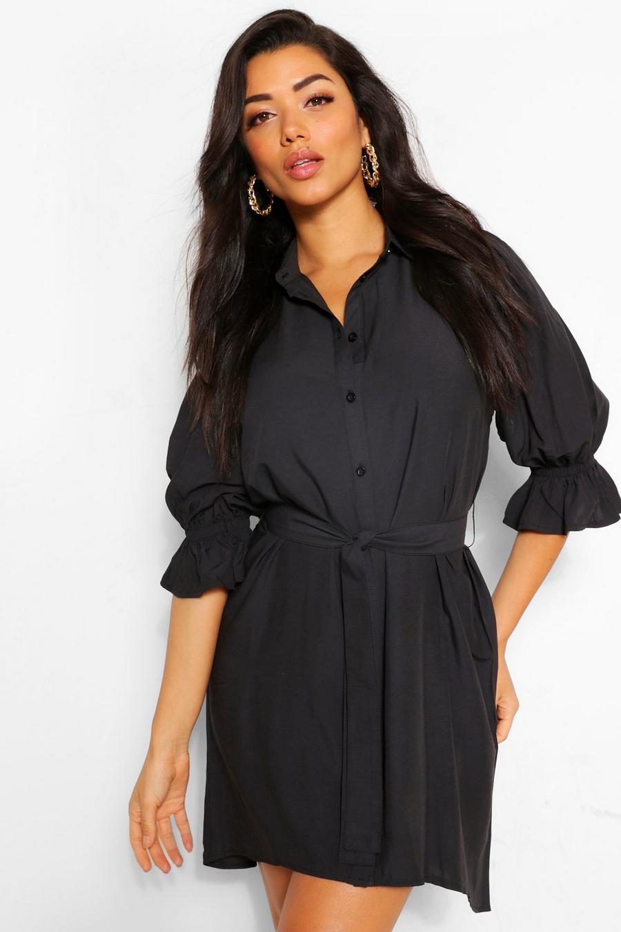 Black Skjortklänning med puffärm och knytskärp image number 1