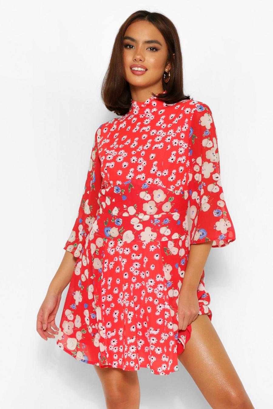 Red Mixed Print High Neck Panelled Skater Dress image number 1
