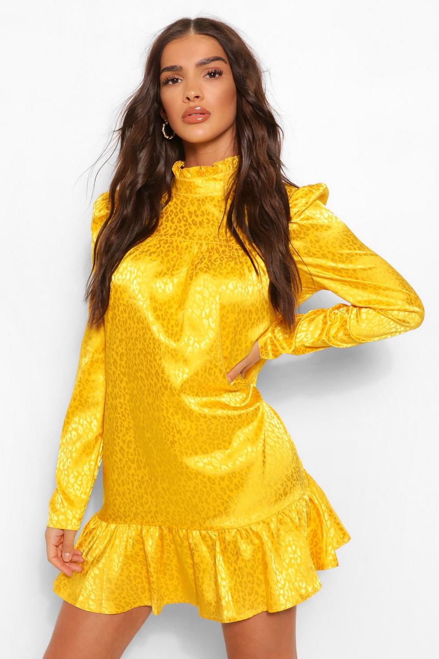 Mustard Tonal Animal Satin Puff Sleeve Smock Dress image number 1