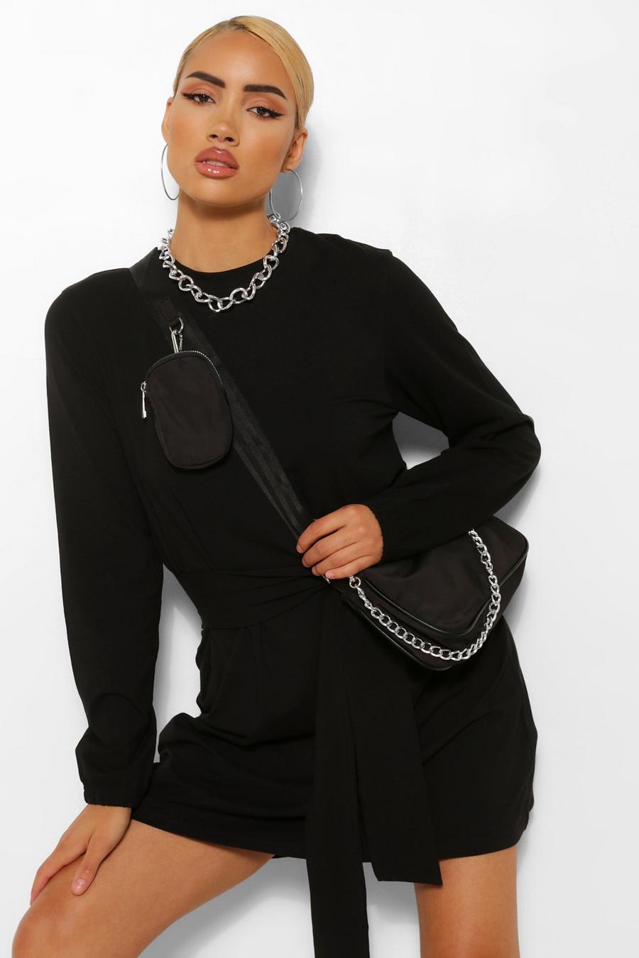 Black Långärmad skiftklänning med knytskärp image number 1