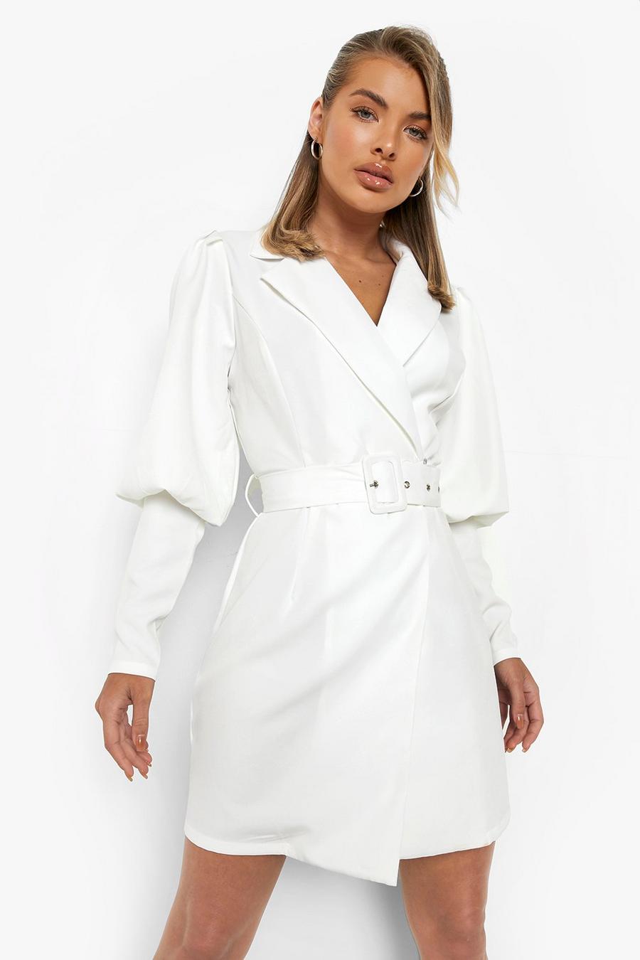 White Woven Puff Sleeve Blazer Dress