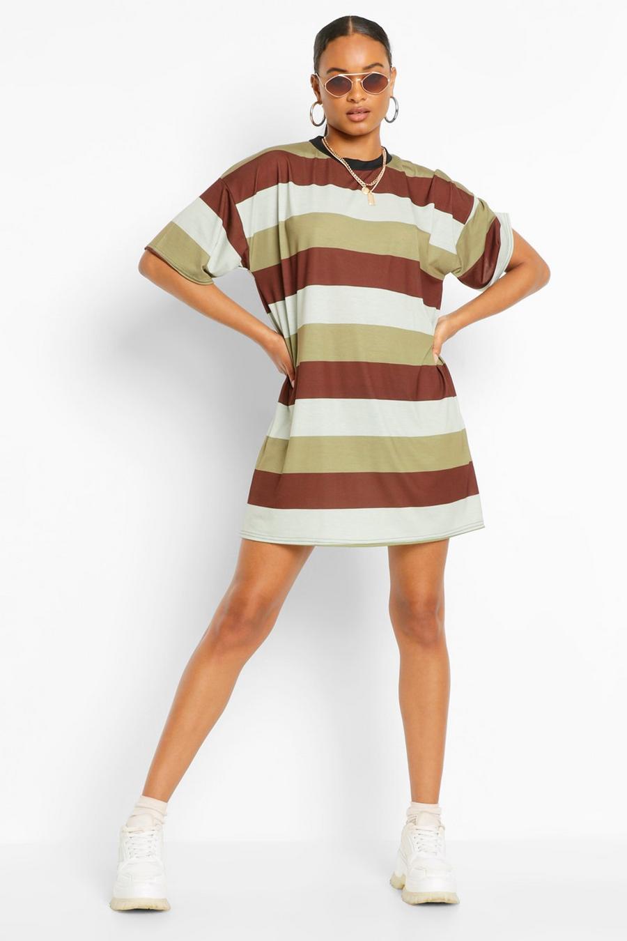 Khaki Stripe Oversized T-Shirt Dress image number 1