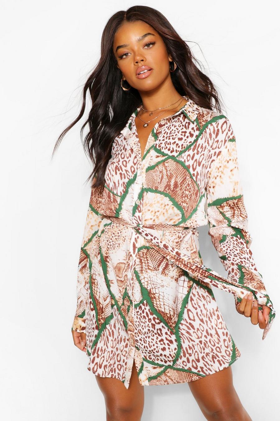 Brown Mixed Animal Print Belted Shirt Dress image number 1