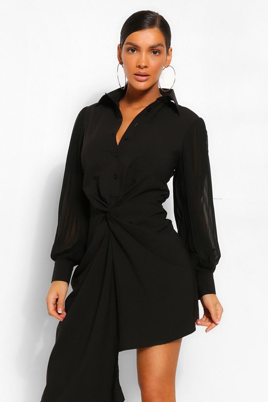 Black Pleated Sleeve Draped Shirt Dress image number 1