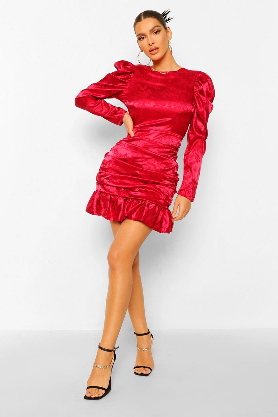 Berry Jacquard Satin Puff Sleeve Rouched Mini Dress image number 1