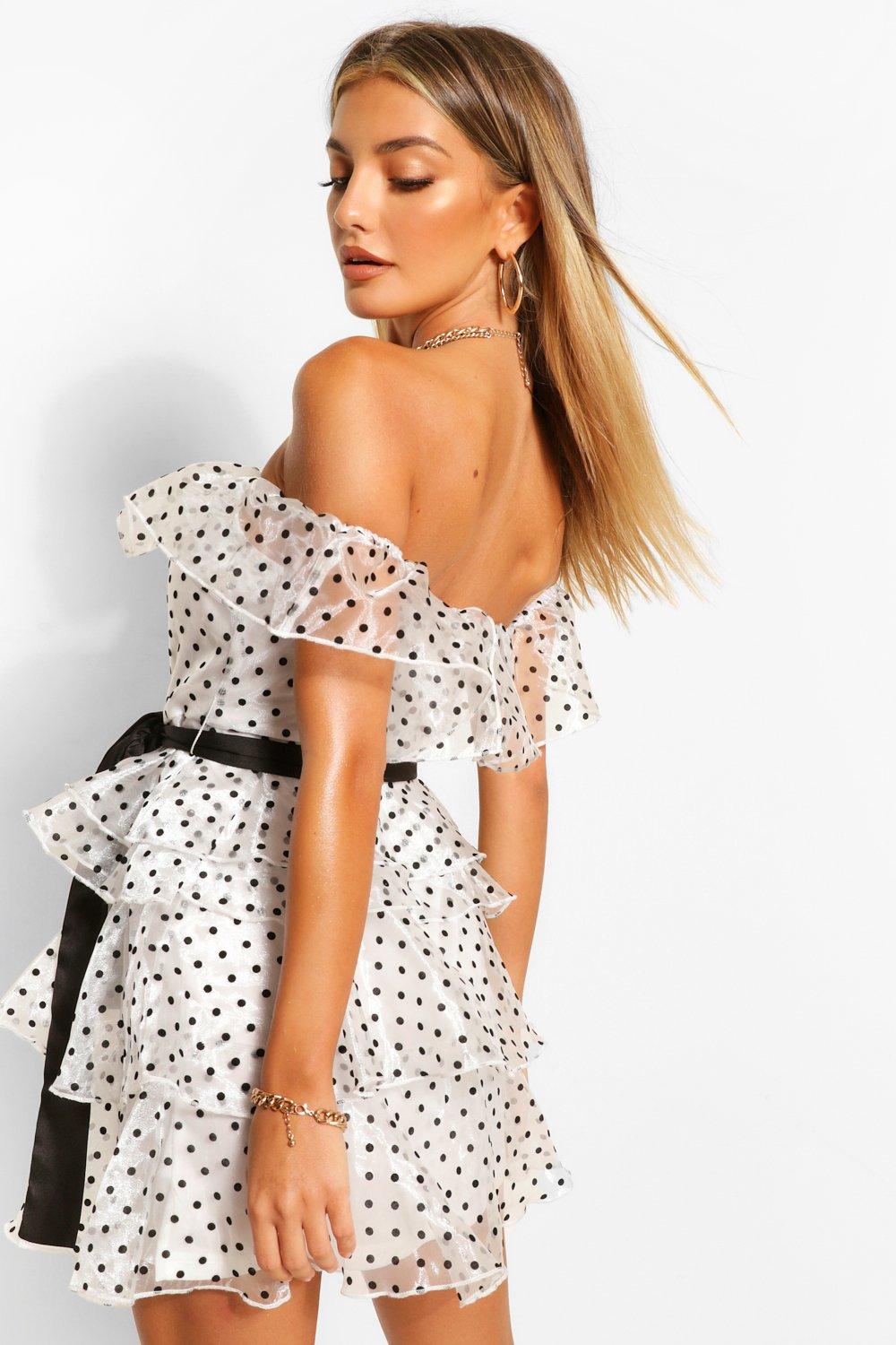 Off the shoulder black polka dot dress hotsell