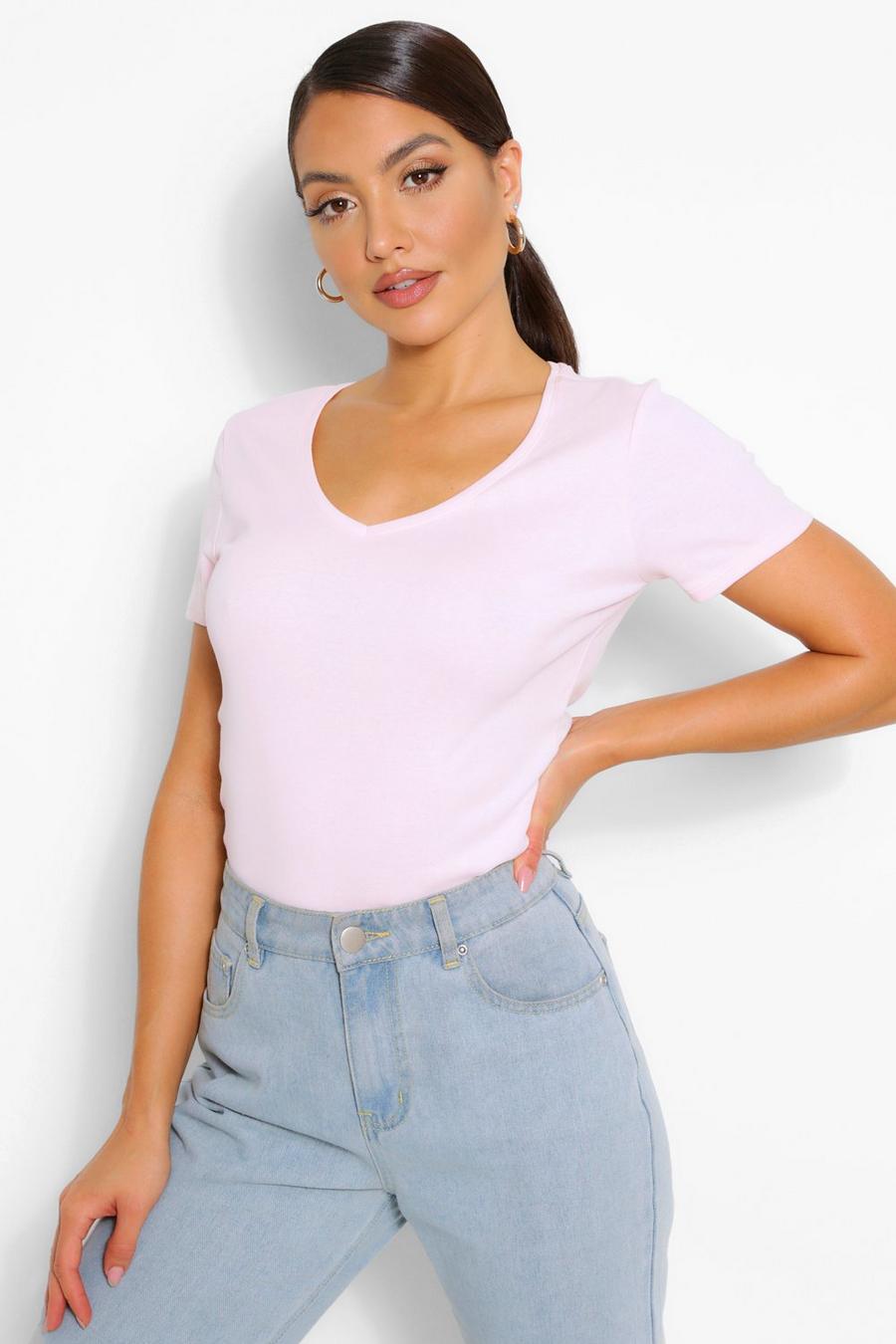 Camiseta básica de algodón con cuello V, Rosa pálido image number 1
