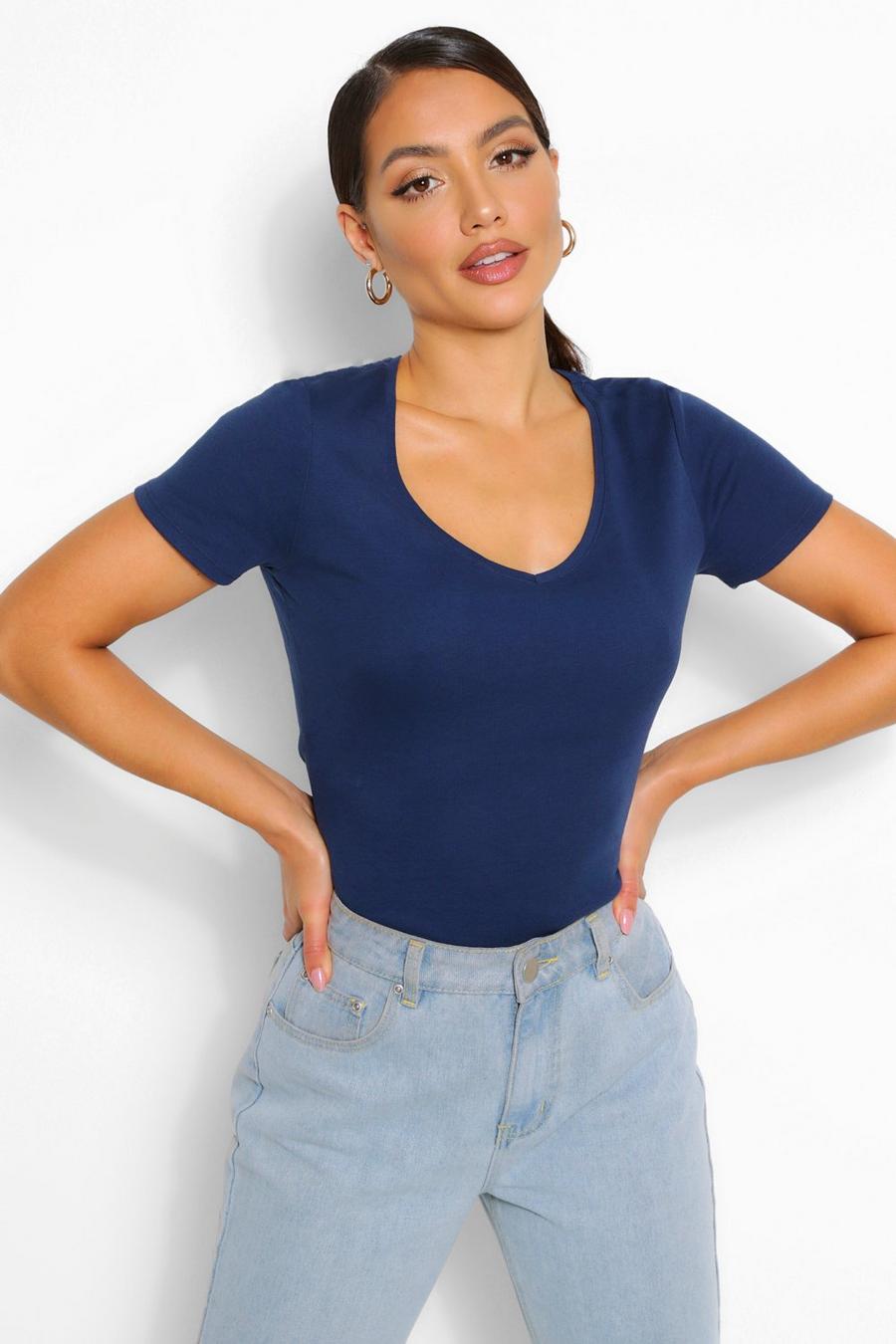 Camiseta básica de algodón con cuello V, Azul marino image number 1