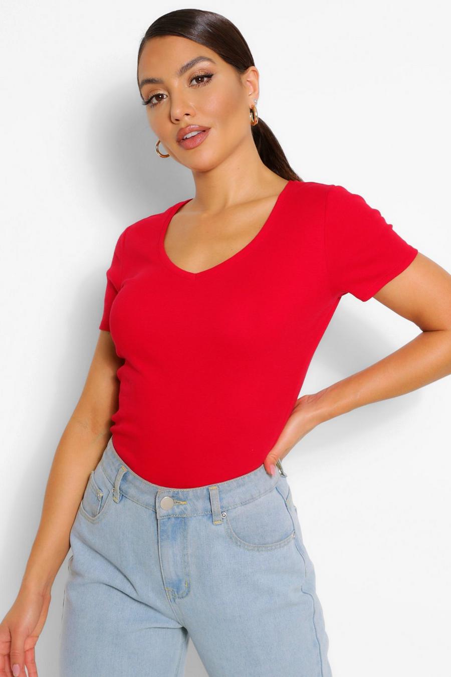 Red Basic Cotton V Neck T-Shirt image number 1