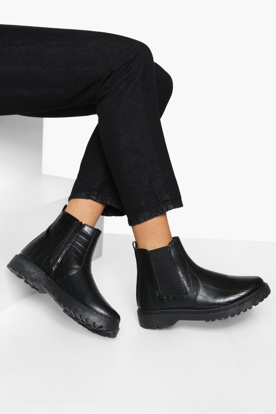 Black svart Croc Chunky Chelsea Boots