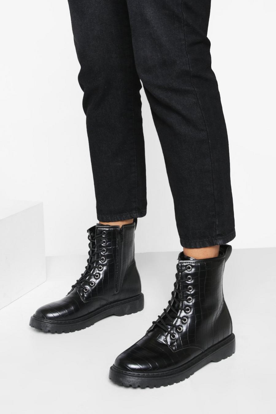 Black svart Croc Lace Up Chunky Hiker Boots