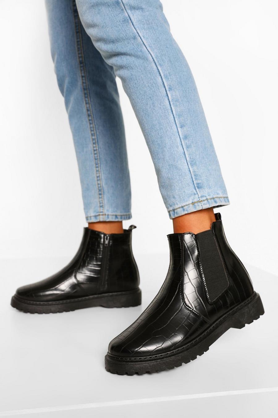 Black Wide Fit Croc Chunky Chelsea Boots