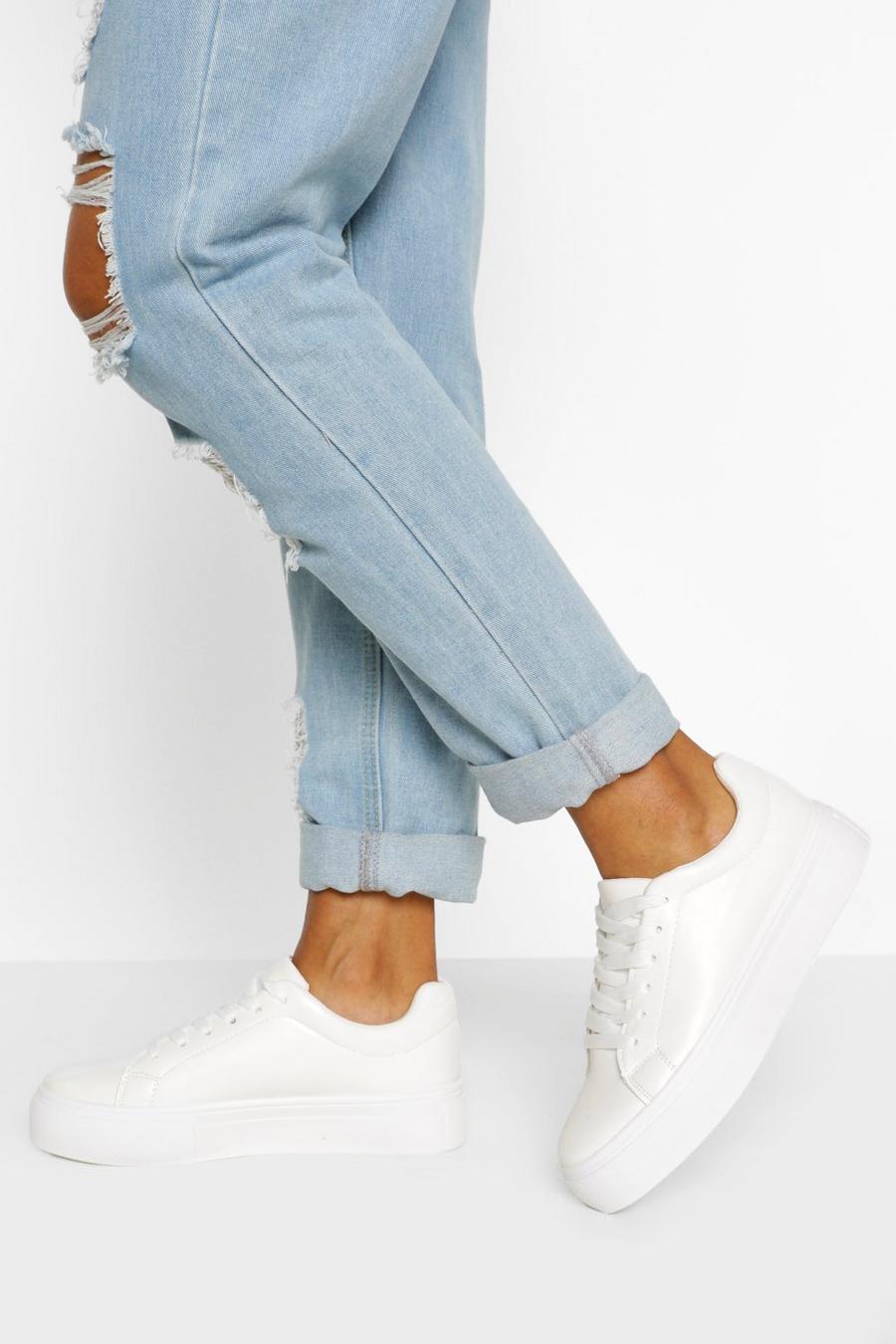 White Basic Platform Lace Up Sneakers image number 1