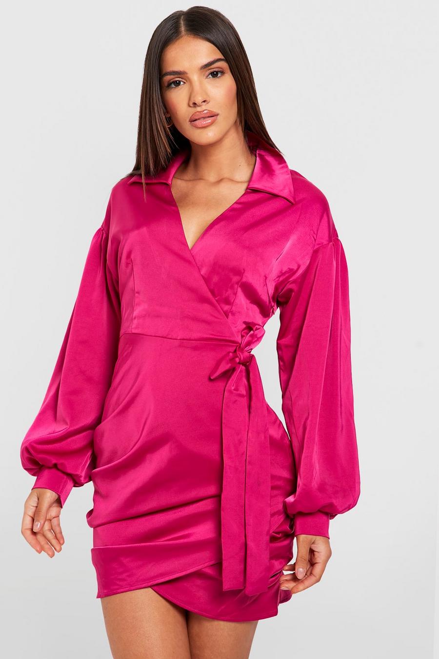 Hot pink Miniklänning i satin med omlott och puffärm image number 1