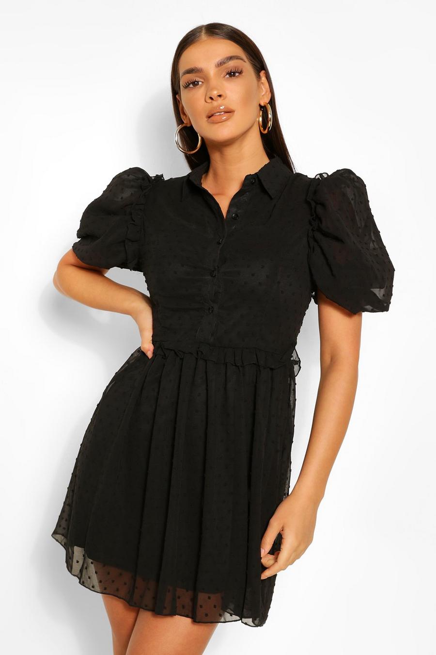 Black Puff Sleeve Button Down Skater Dress image number 1