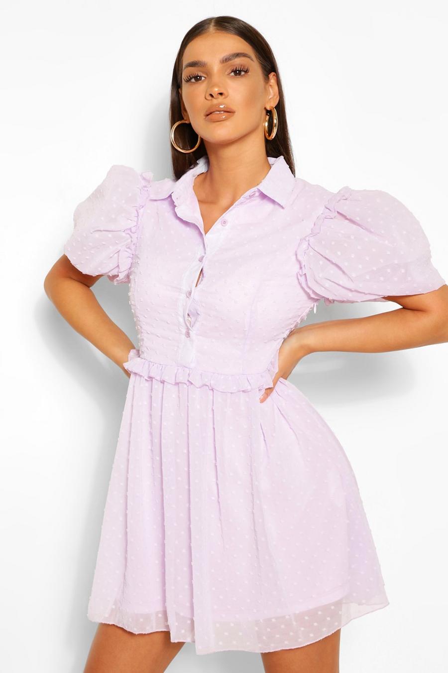 Lilac Puff Sleeve Button Down Skater Dress image number 1