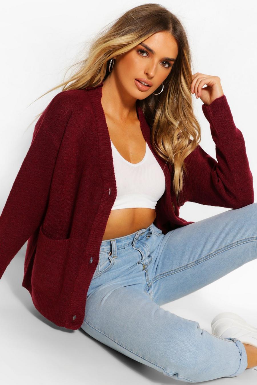 Berry red Boxy Pocket Cardigan image number 1