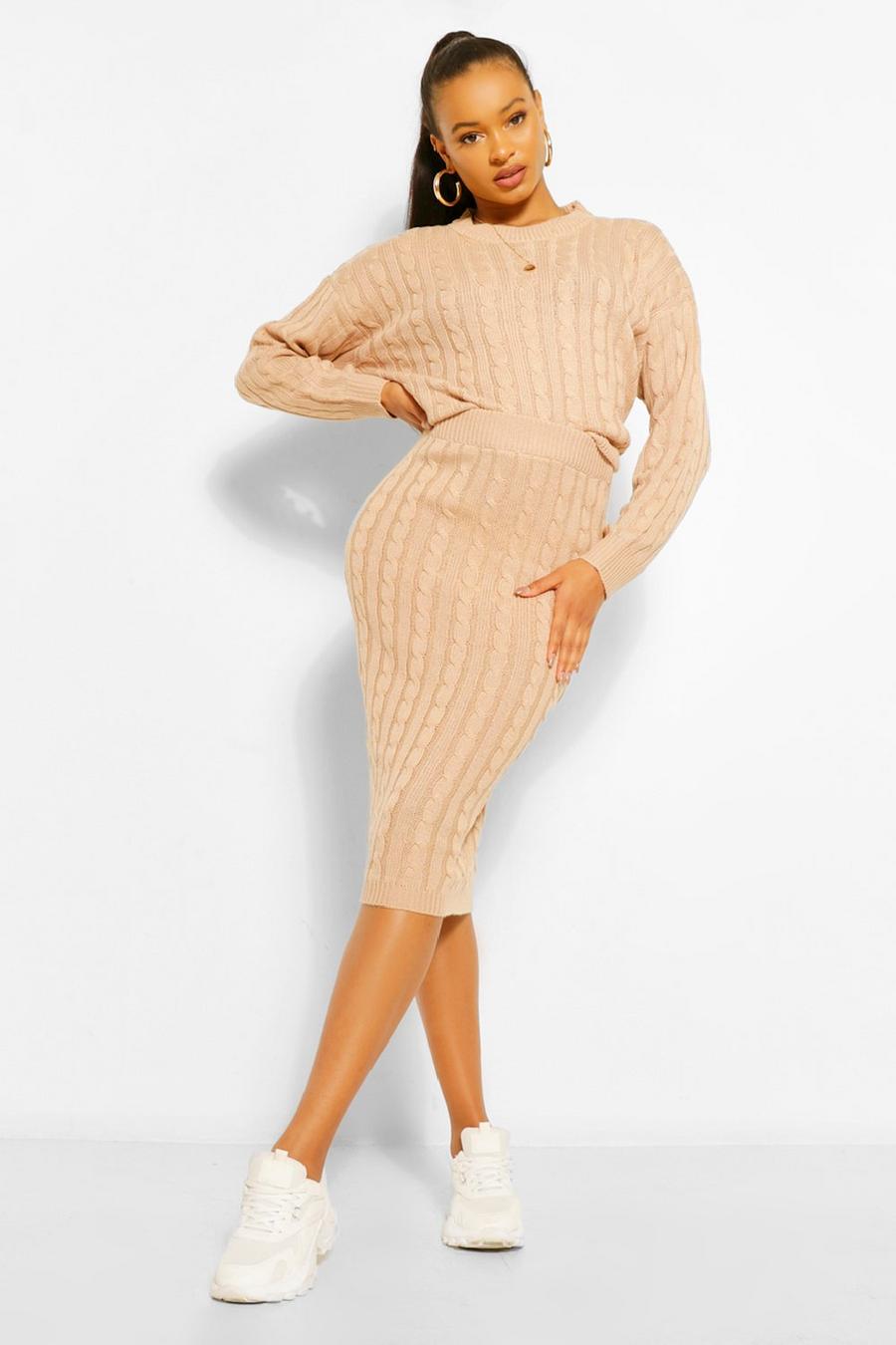 Biscuit Cable Knit Midi Skirt Co-ord image number 1