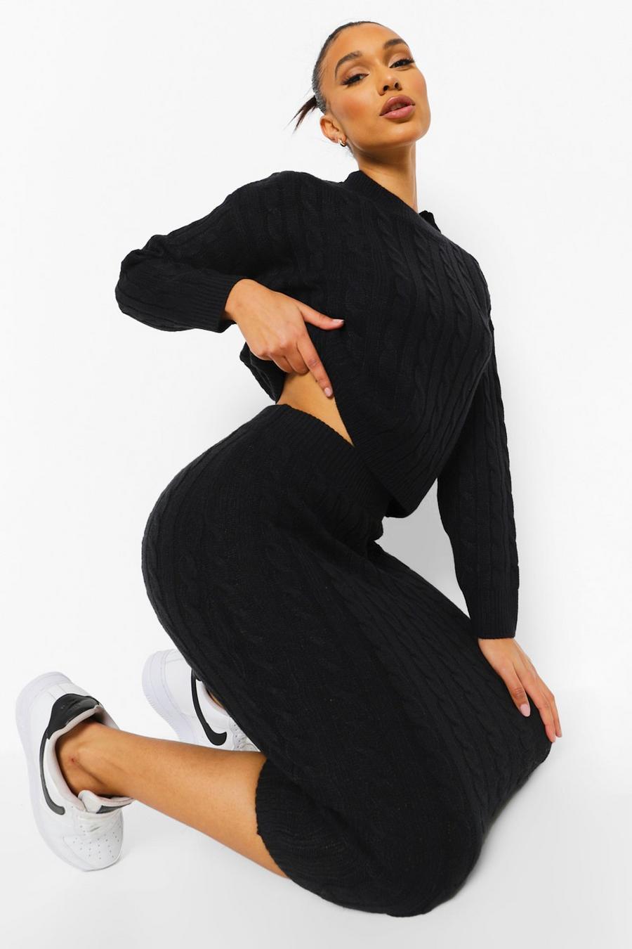 Black Cable Knit Midi Skirt Co-ord image number 1