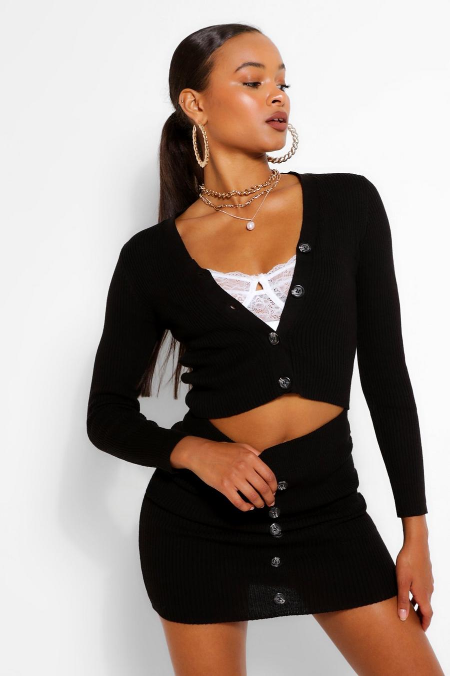 Black Button Through Rib Knit Co-ord image number 1