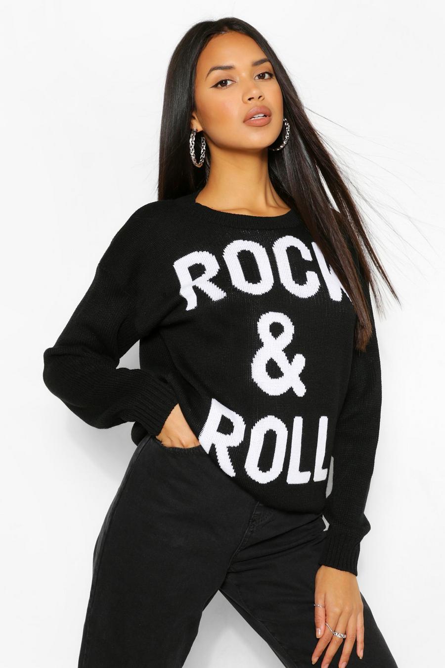 Black Rock & Roll Slogan Sweater image number 1
